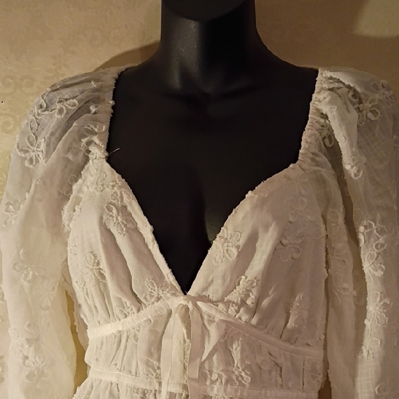 Off White Lace / Embroidery Long Sleeve Dress - Picture 4 of 11